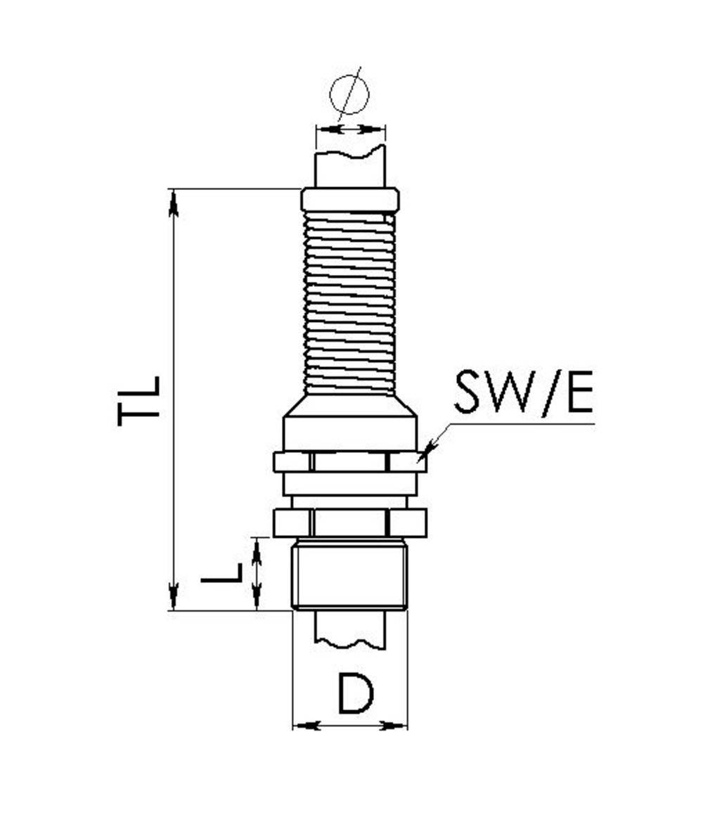 Technical drawing of a fastening element with length and diameter specifications. Abbreviations TL for total length, SW/E for thread diameter.