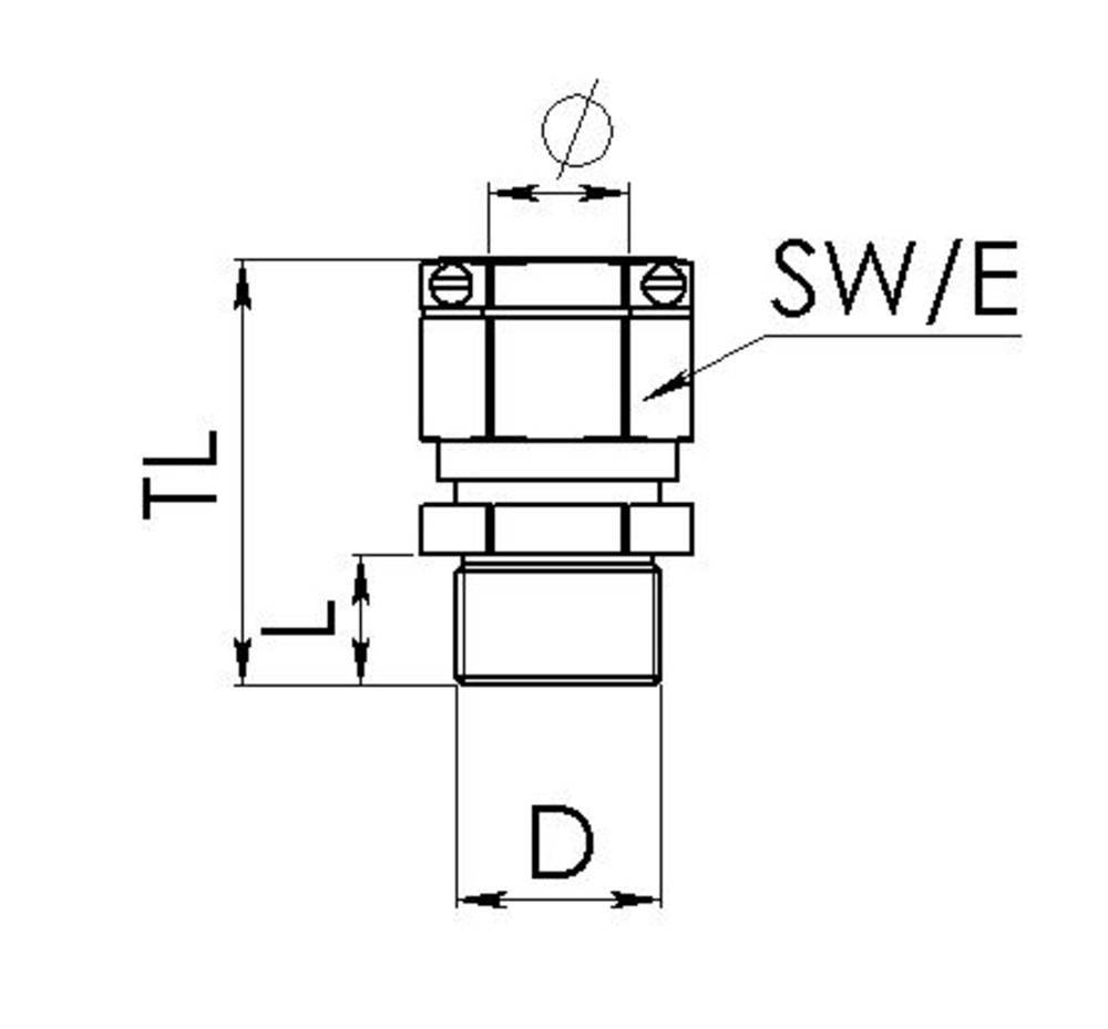 Technical drawing of a metal connector. Labelled with 'D', 'L', 'TL' and 'SW/E'. Includes dimension lines and screw head view.