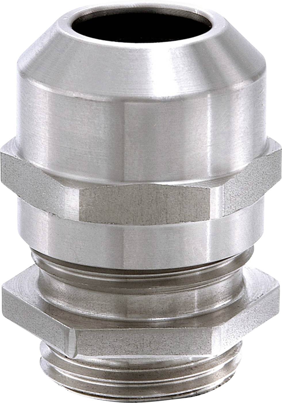 A silver metal cable gland with hexagonal and round sections, for cable securing and protection.