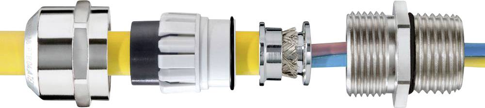 Metal components and cable parts in an exploded view, showing the construction of a cable connection.