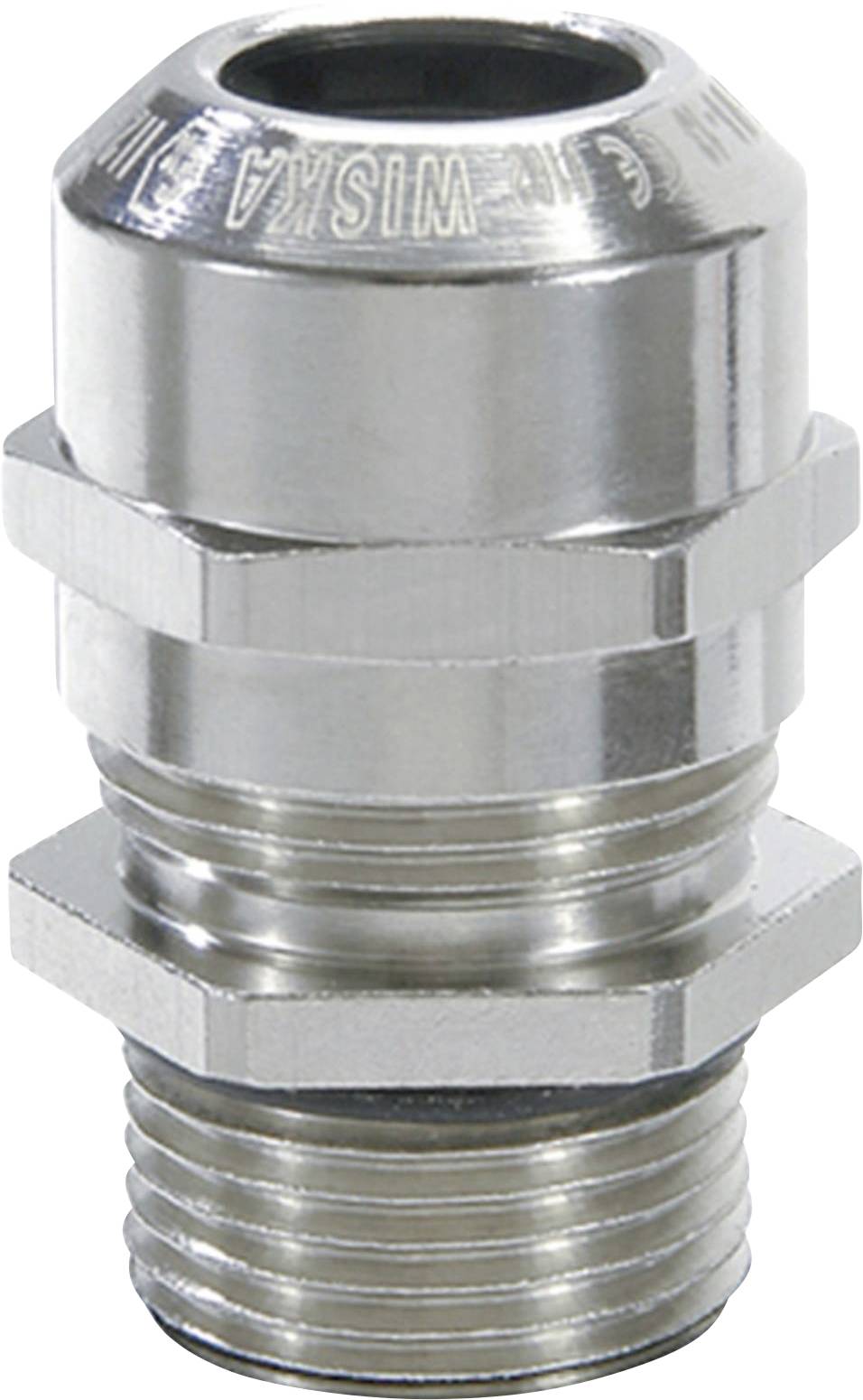 A stainless steel metallic cable gland, cylindrically shaped with a knurled thread, for industrial electrical applications.