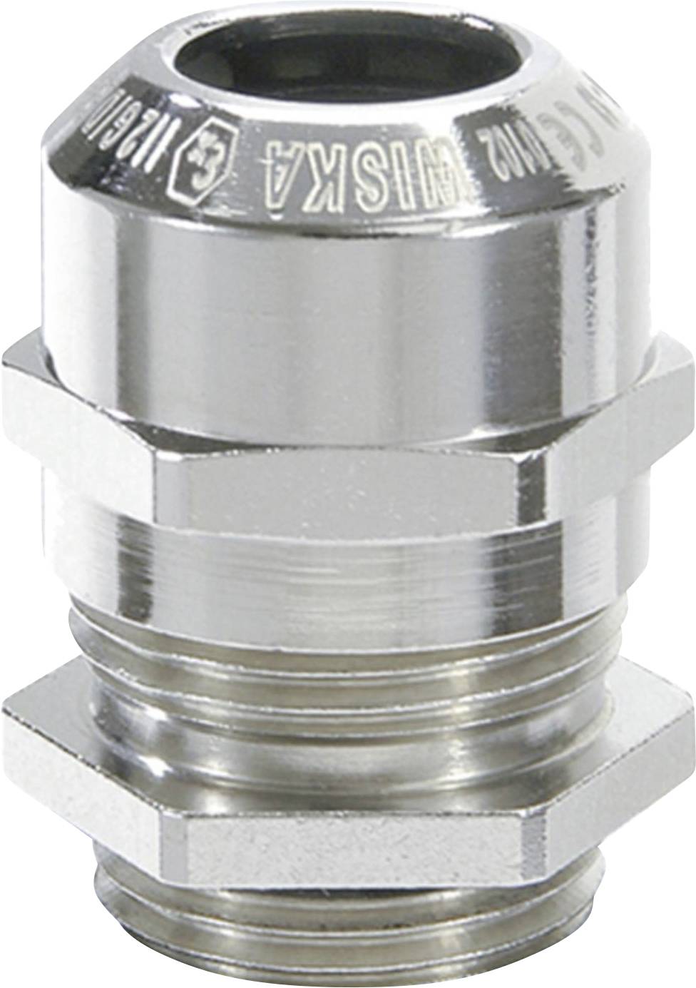 Stainless steel metal cable gland with threaded, cylindrical design. Suitable for sealing and providing strain relief for cables.