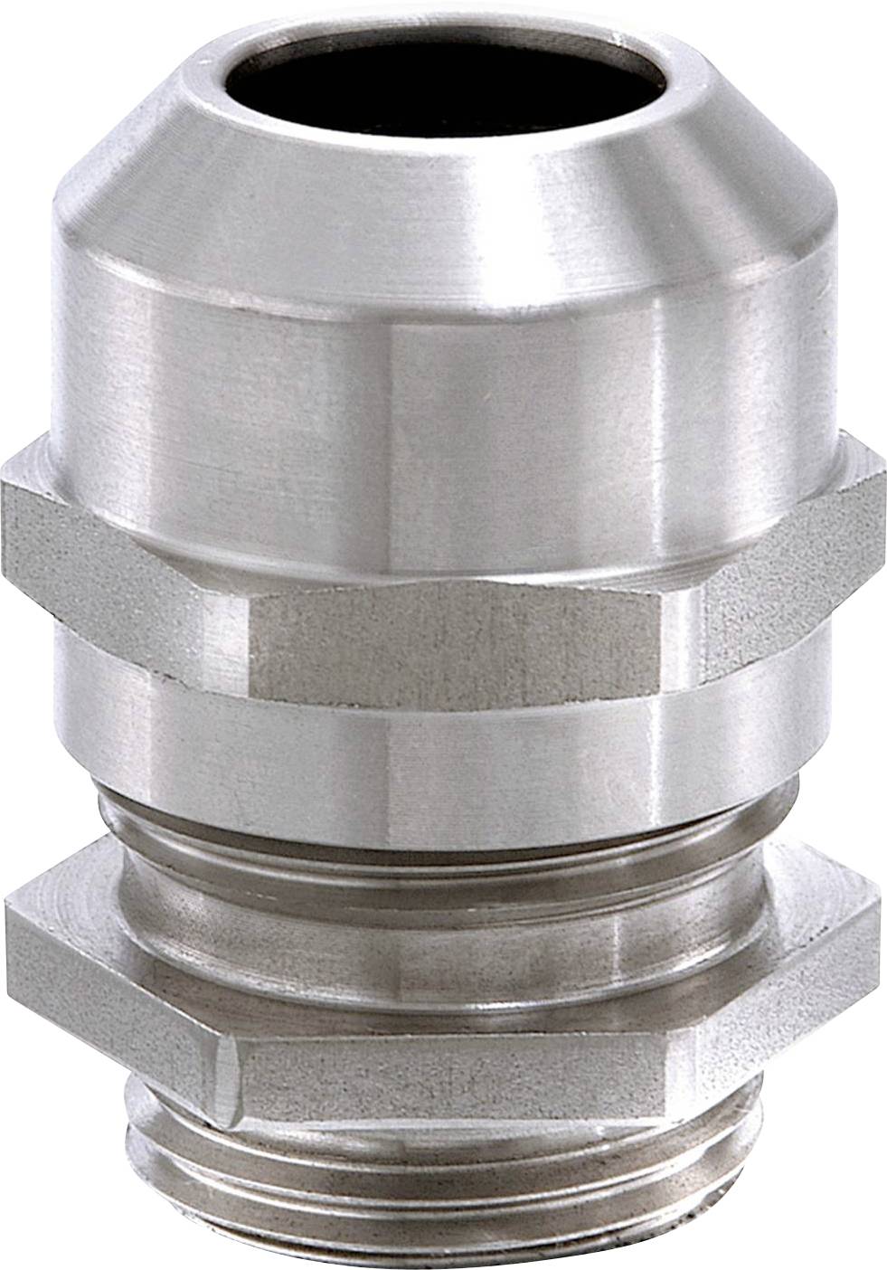Stainless steel cable gland, cylindrical in shape, with threading at one end for securing and protecting cables.