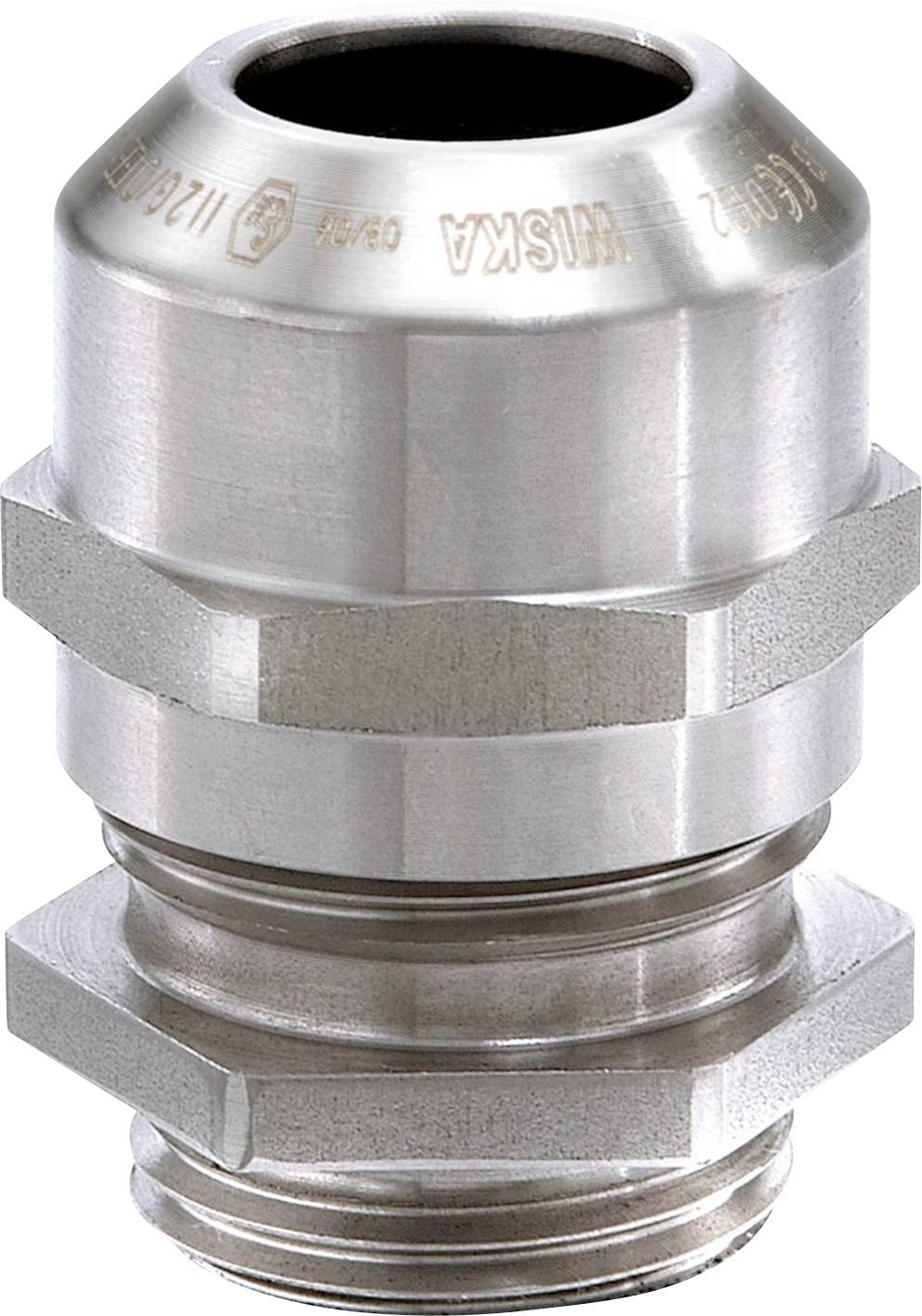 Stainless steel metal cable gland with hexagonal nut and ribbed housing for cable securing in electrical applications.