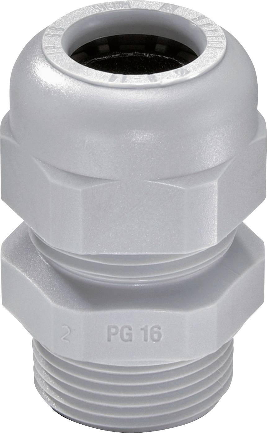 A grey cable gland in a cylindrical form. It has a thread and is designed for secure routing and sealing of cables.