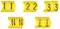 Yellow labels with brown text show number sequences '11', '22', '33' and letters 'NN', 'II'. They are cut at an angle.