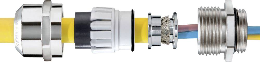 A cable is routed through a connector with multiple metal and plastic components. Individual components are visible.