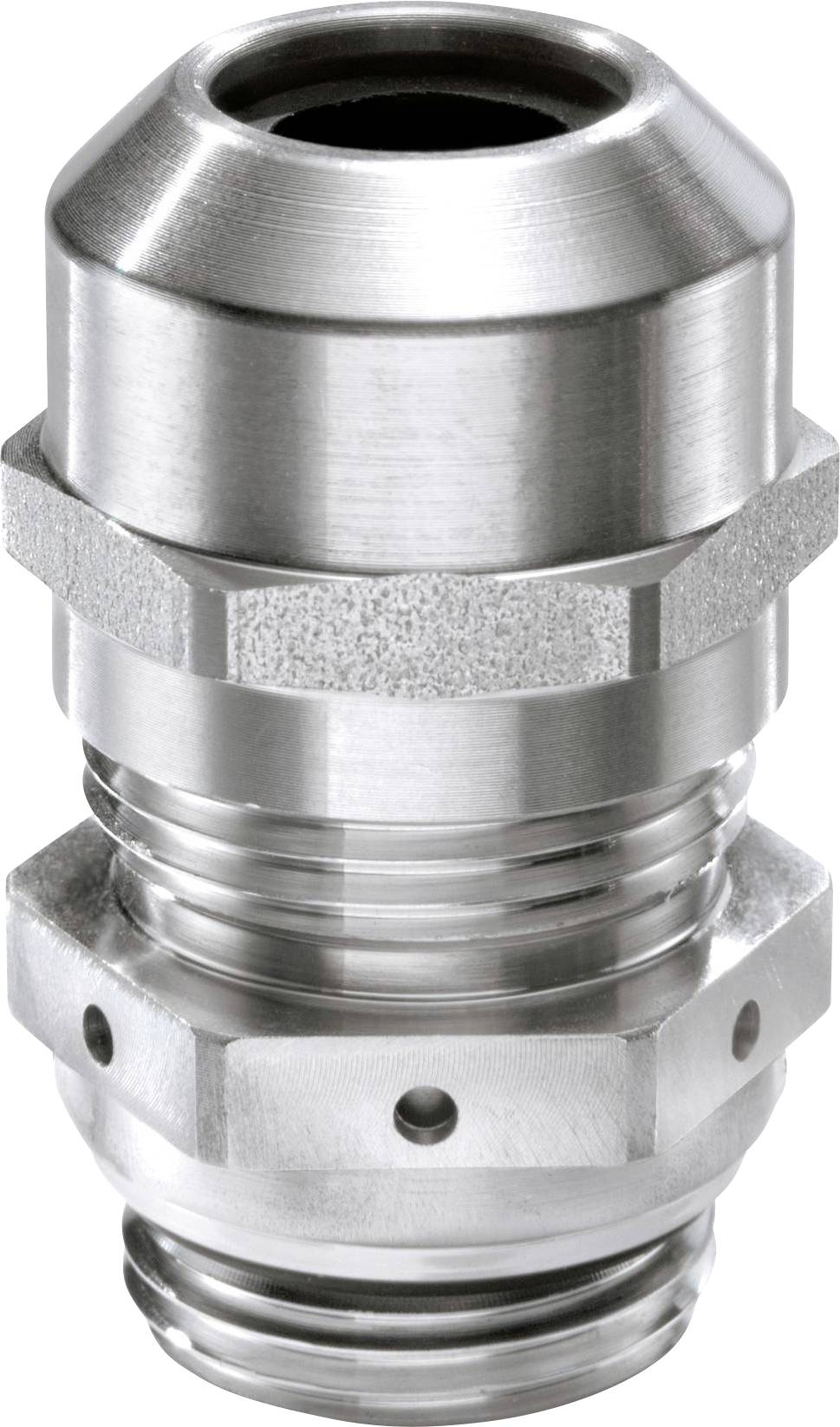 Stainless steel metal cable gland, cylindrical, multiple threads, robust design, suitable for industrial applications.