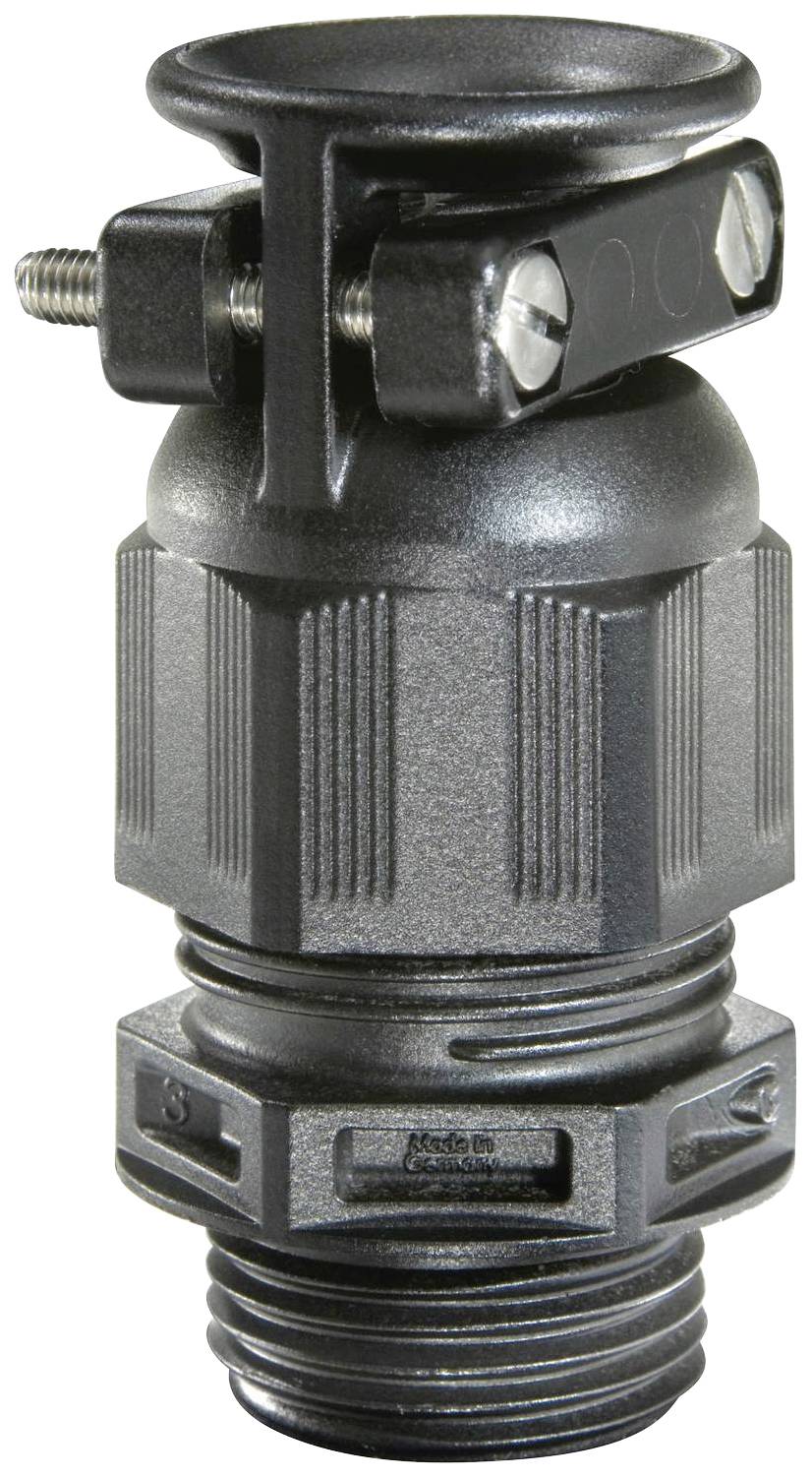 Metal cable gland with thread and sealing ring; used for securely introducing cables into enclosures.