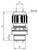 Technical drawing of a component with markings for diameter, length, and spanner size. Construction details visible.