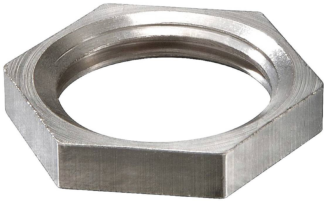 A hexagonal, flat metal nut.