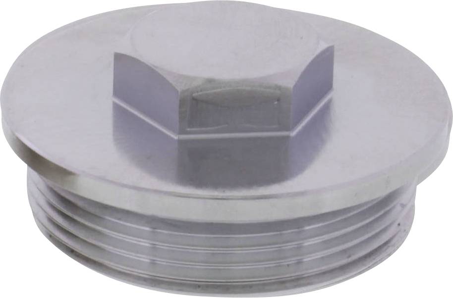 Round, silver metal fastener with a hexagonal central section and threading, potentially for technical applications or machinery.