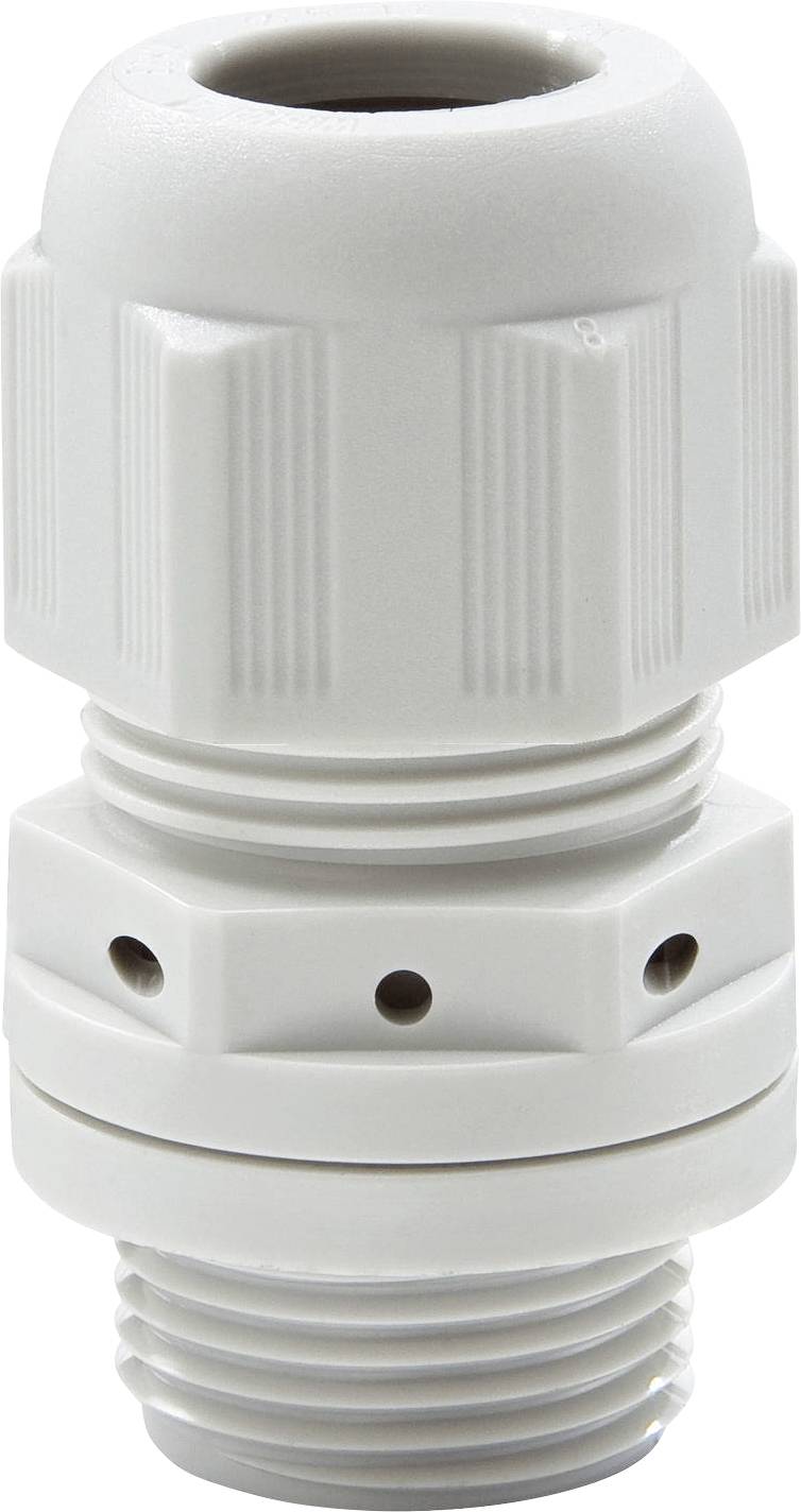 White plastic cable gland with ribbed housing and thread, suitable for sealing and protecting cables.