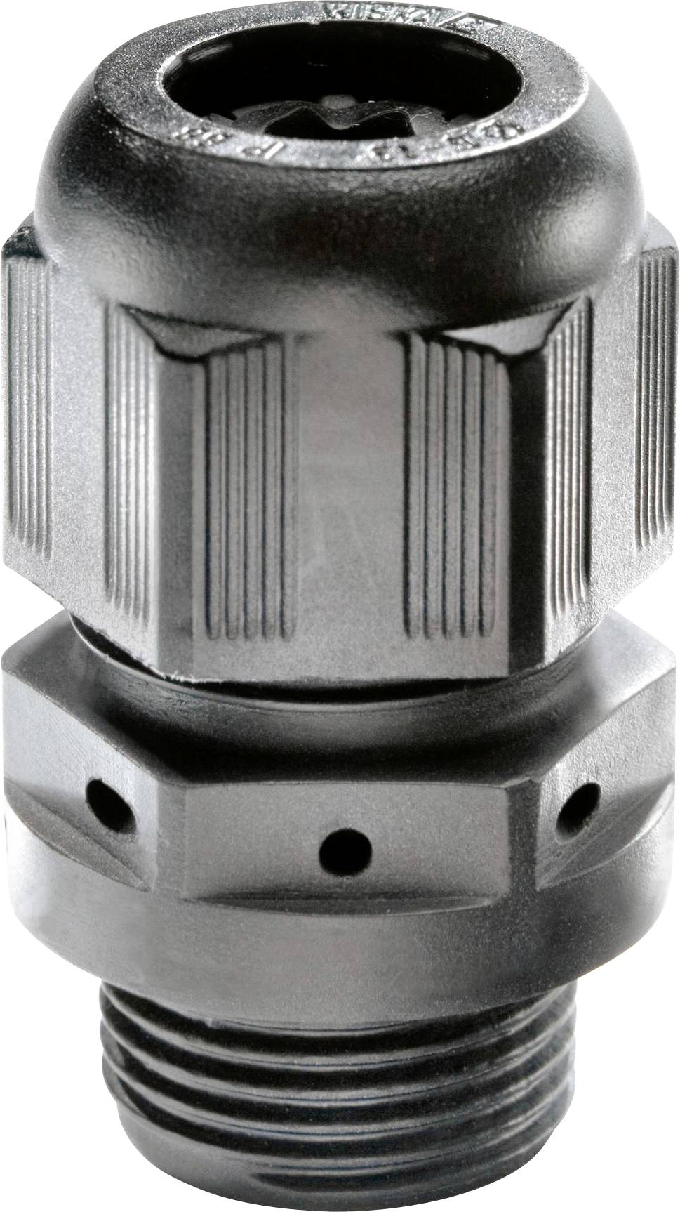 A black cable gland with a knurled grip, cylindrical shape, and thread at the bottom, for secure cable fastening in devices.