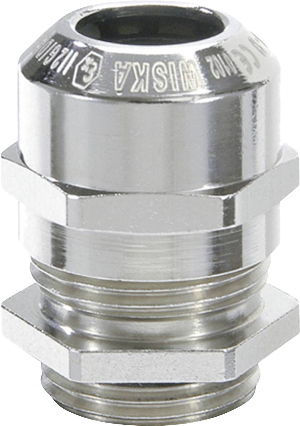 Metal cable gland with thread, suitable for sealing and strain relief of cables in electrical applications.