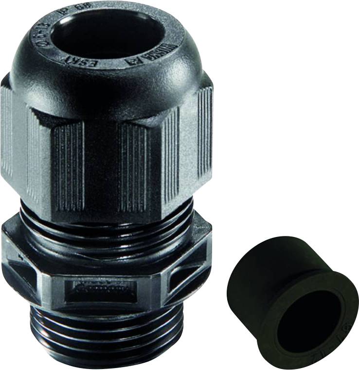 Black plastic cable gland alongside a separate seal, used for secure cable fixing and sealing.
