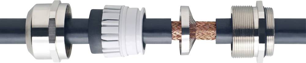Multi-part cable gland with metal rings, plastic sealing and braided cable screen.