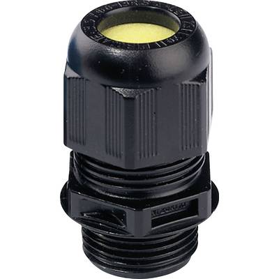 Black cable gland with a yellow sealing ring inside, used for securely connecting and sealing cables in devices.