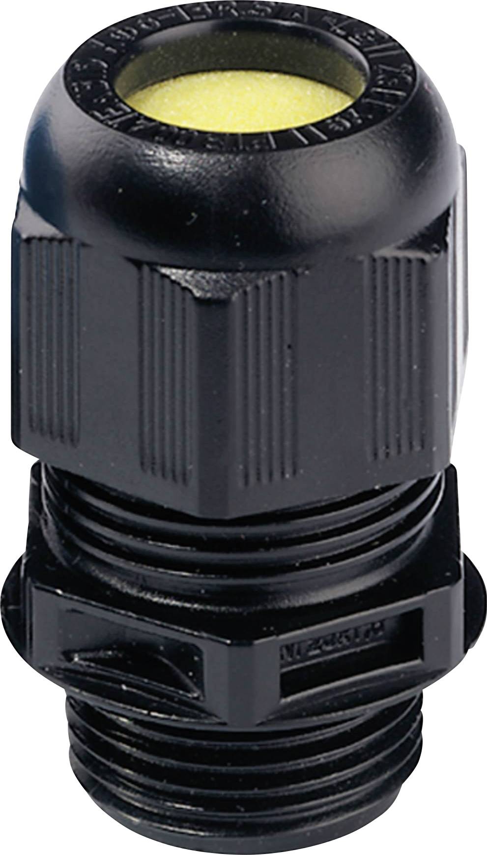 A black plastic cable gland with a ribbed surface and yellow sealing ring, suitable for cable protection applications.