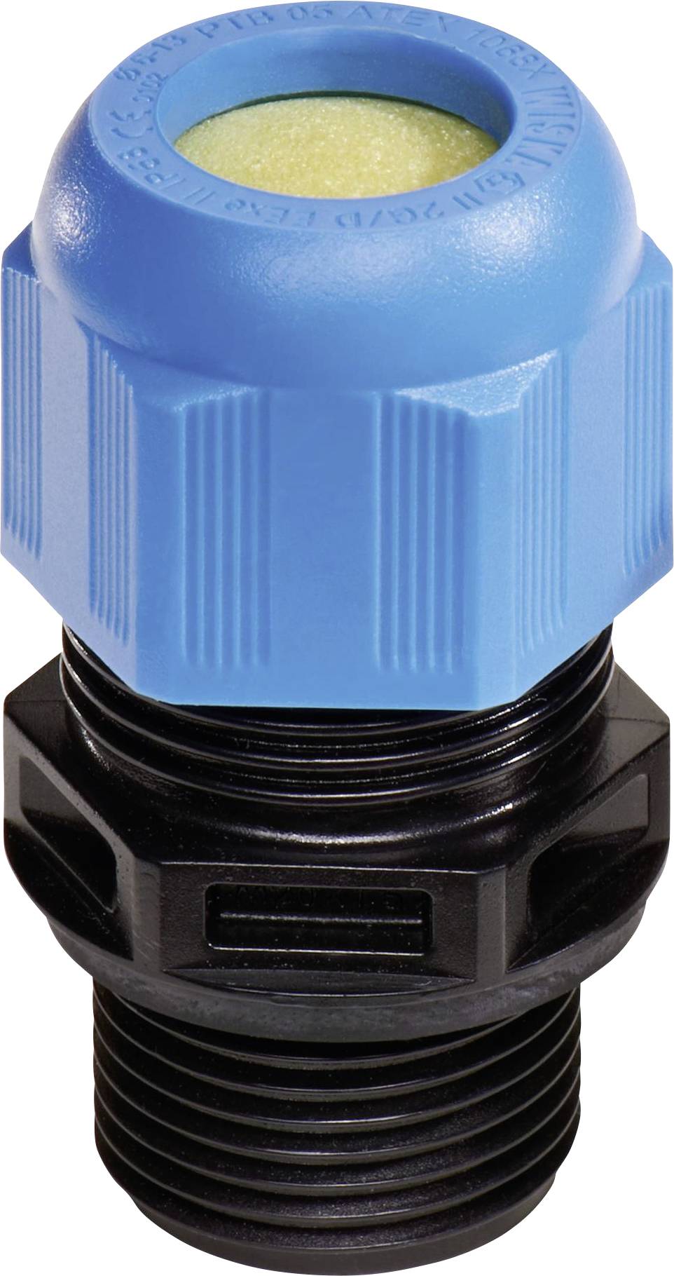 A blue plastic closure with a black thread, commonly used for cable management and sealing in technical applications.