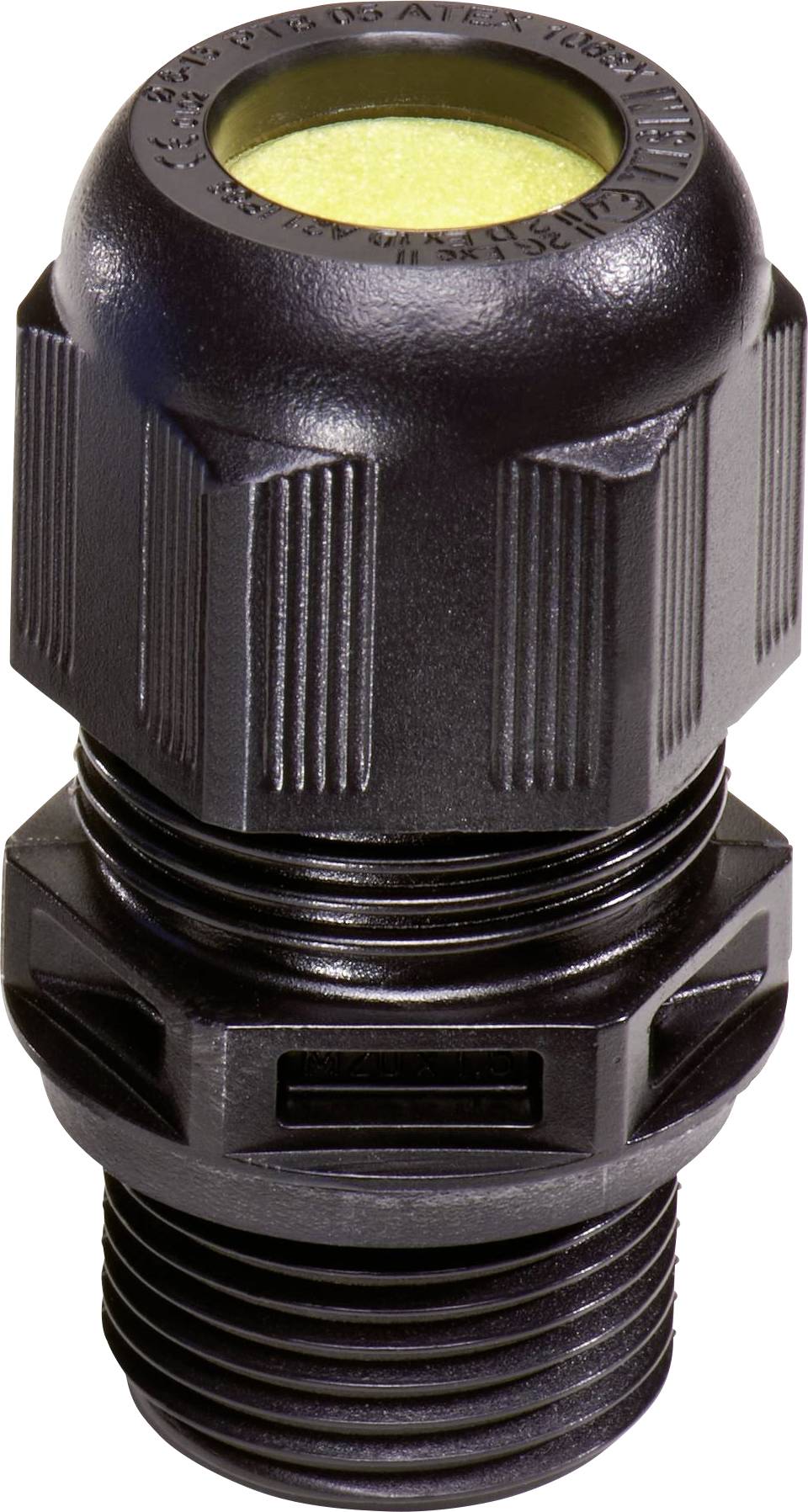 A black plastic cable gland head, suitable for routing and sealing cables through an enclosure.