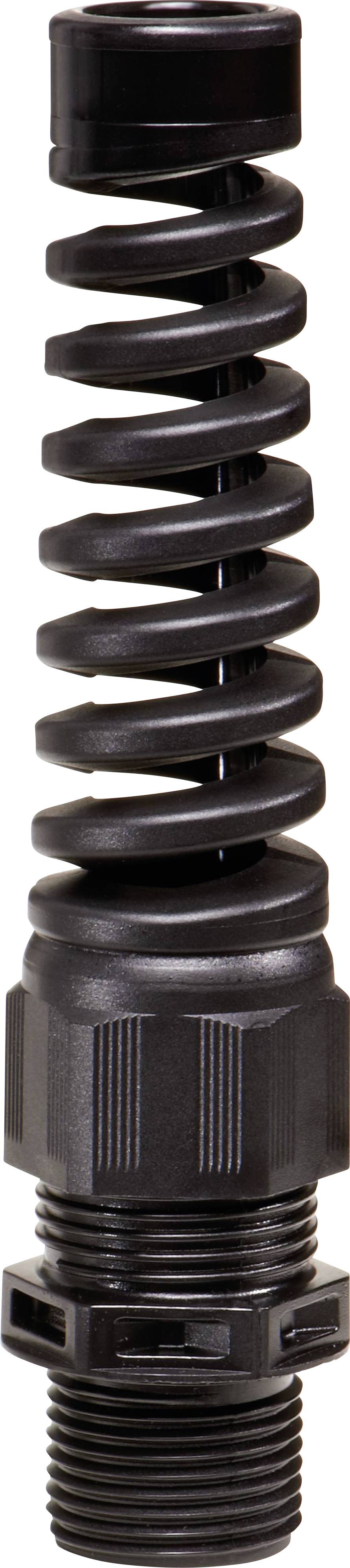 Black, metallic spring component with thread, possibly part of a mechanical system or device.