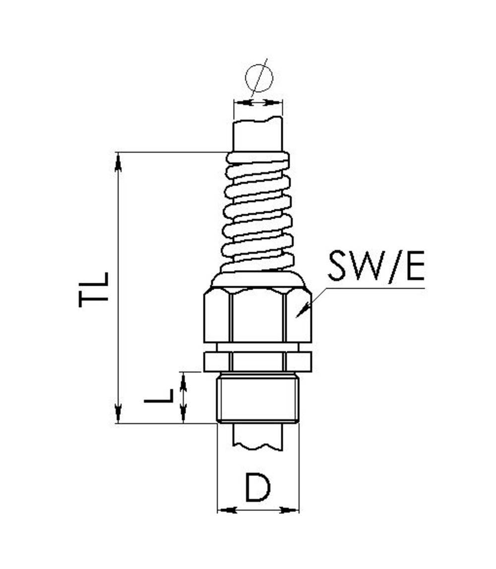 Technical drawing of a spark plug with dimensional annotations: TL and D for length and diameter, SW/E marked as hexagon/spanner size.