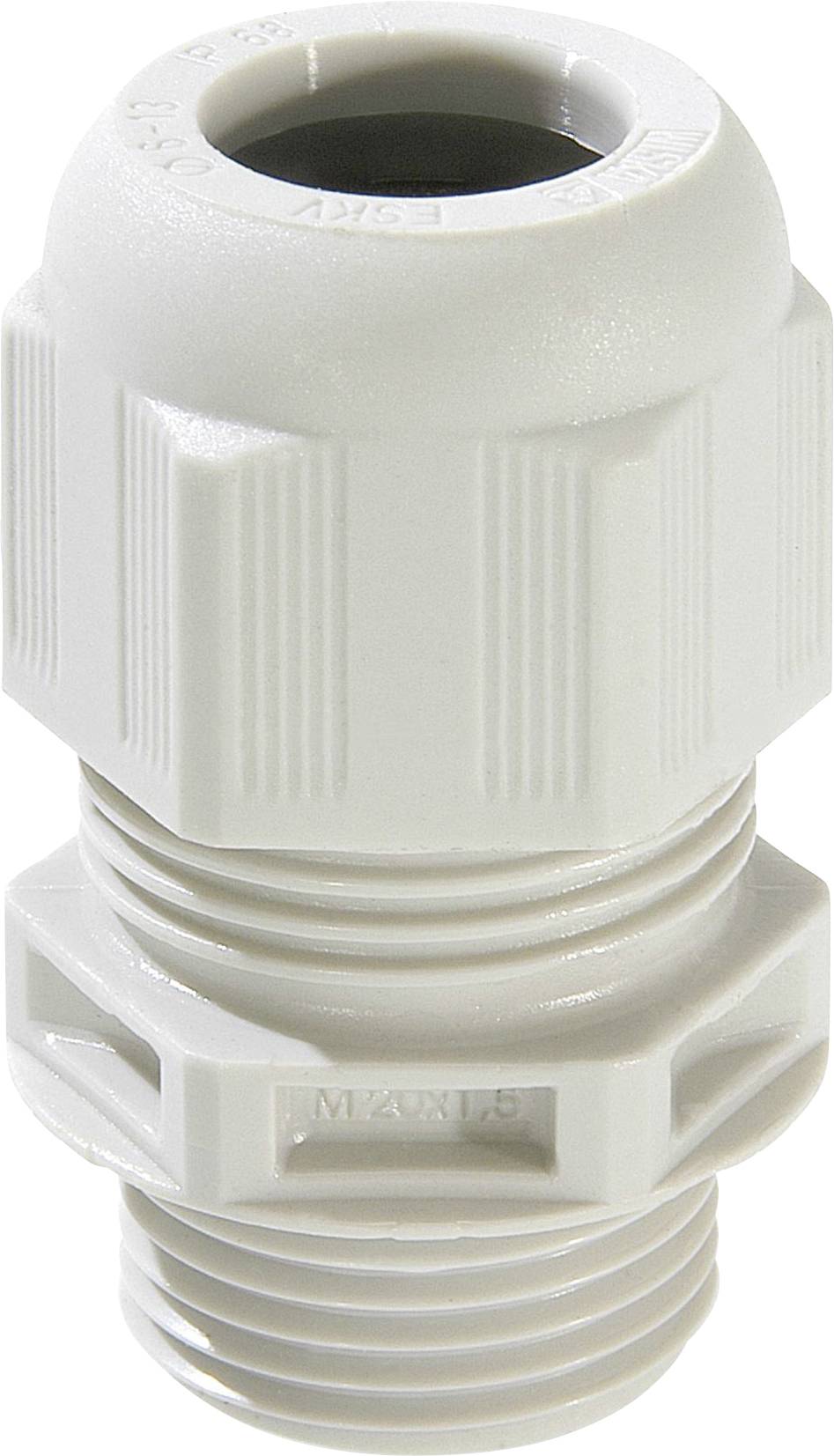 Cable gland made of white plastic, cylindrical with a ridged surface, for securing and sealing cables.