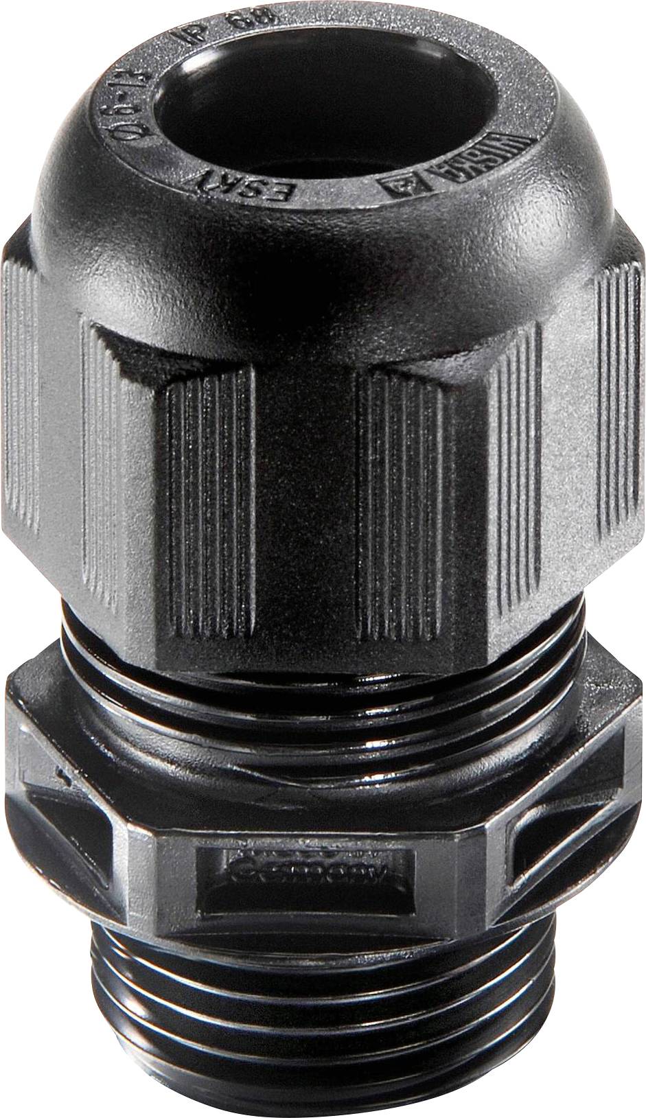 A black plastic cable gland with thread, for secure fastening and sealing of cables in electrical equipment.