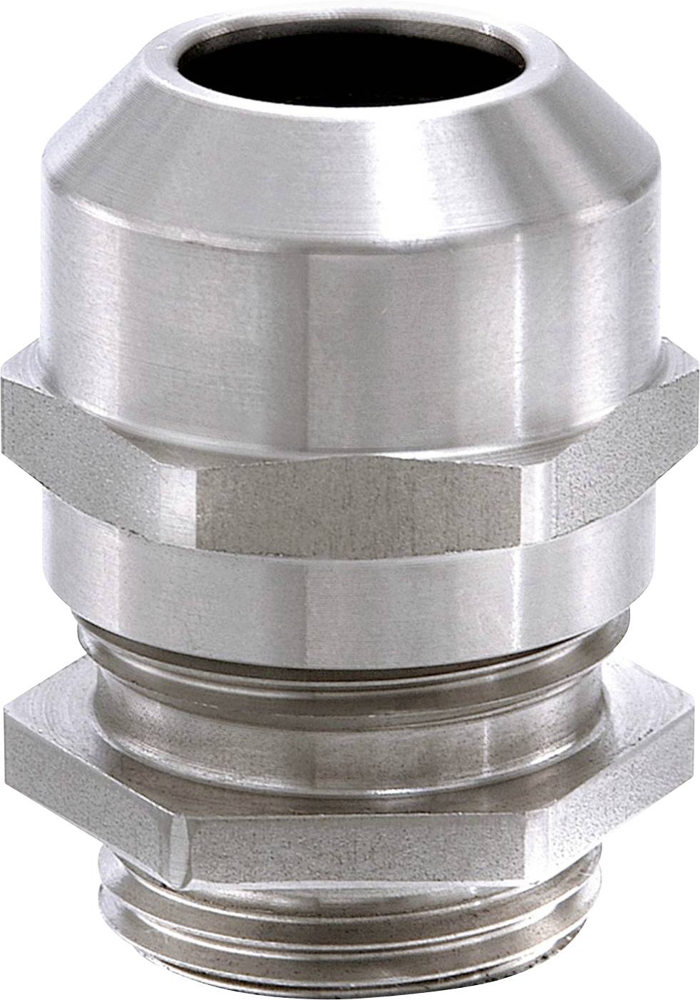 Metal cable gland with hexagonal nut, cylindrical thread and smooth surface, for industrial applications.