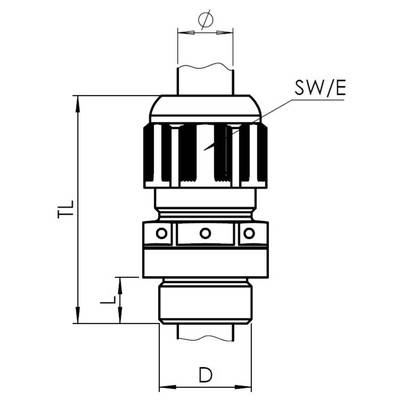 Technical drawing of a cylindrical connecting piece with dimensions, marked areas 'SW/E' and 'TL', showing diameter and length.