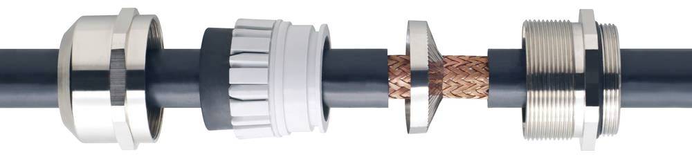 A cable with metal and plastic components is disassembled into individual parts, showing the structure and composition of the cable's construction.