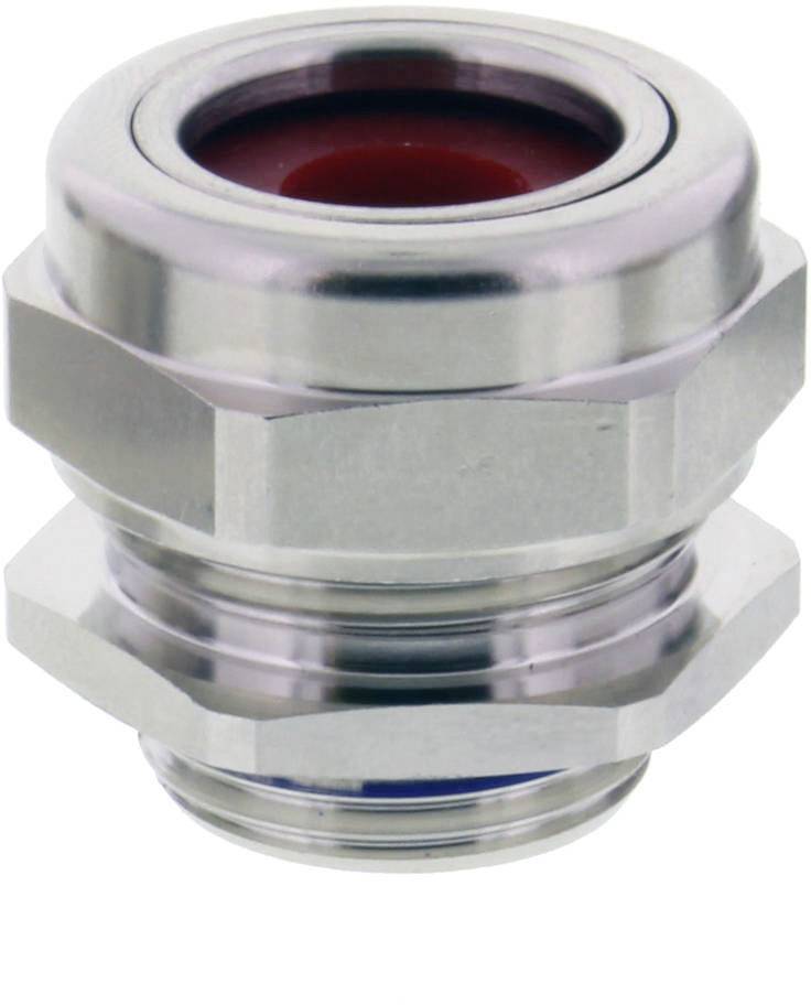Metallic cable gland element with red and blue seals, cylindrical in shape, suitable for industrial applications.