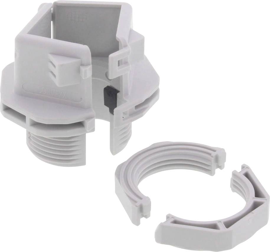 Grey plastic component with threading and a removable ring, likely part of a connection or mounting system.