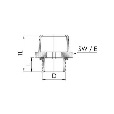 Technical drawing of a pipe fitting with dimensional specifications: Diameter (D), Length (L), Total Length (TL), Spanner Size (SW/E).