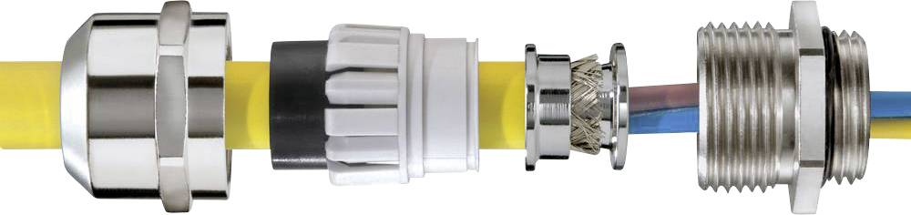 Disassembled Cable Gland Set with Yellow Cable. Shows Metal and Plastic Components in Mounting Sequence.