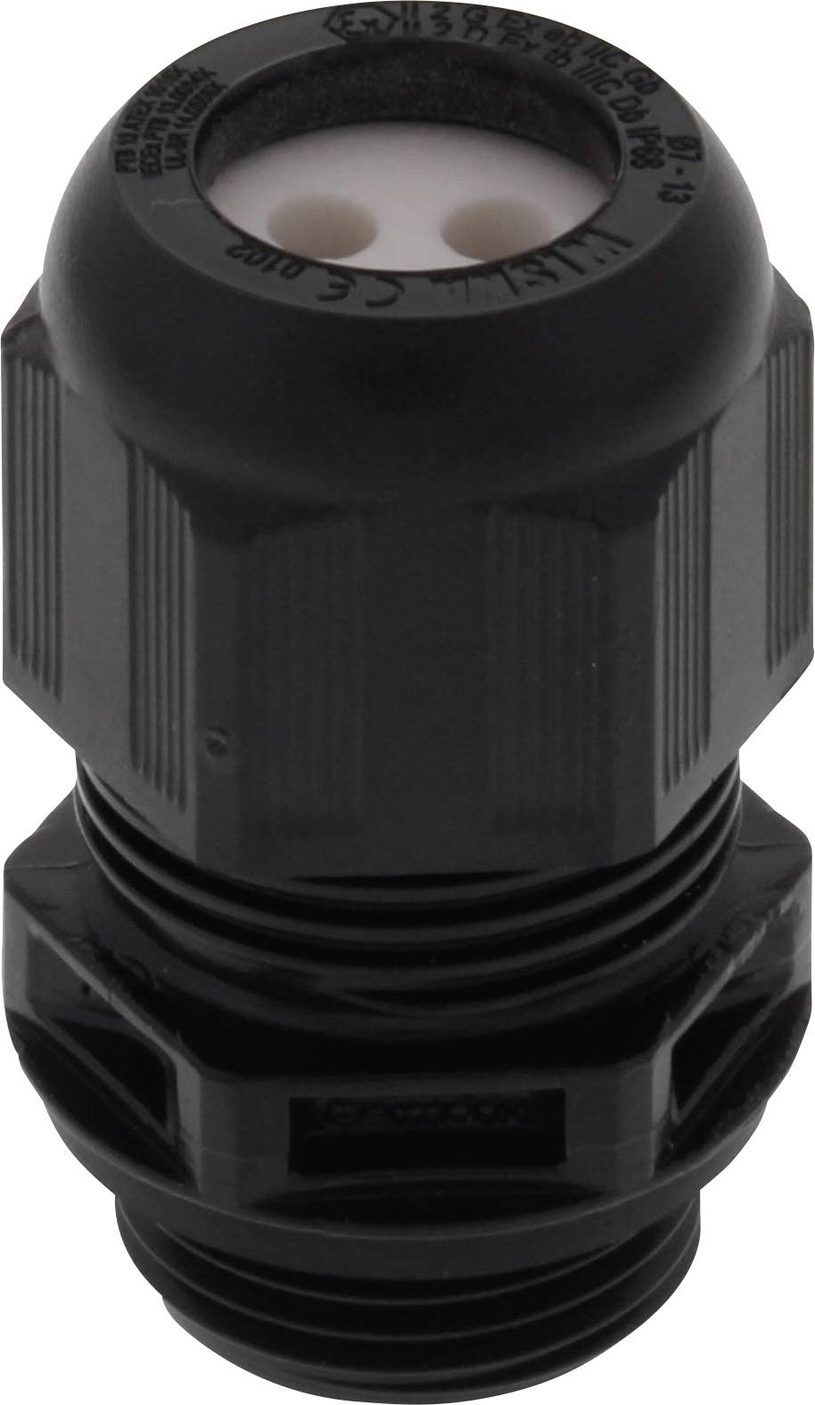 A black plastic cable gland with a ribbed thread, used for sealing and securing cables in electrical applications.