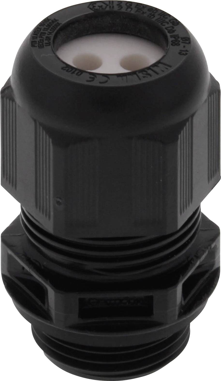'Black plastic cable gland with two visible cable entries, suitable for secure fastening and sealing of cables.'