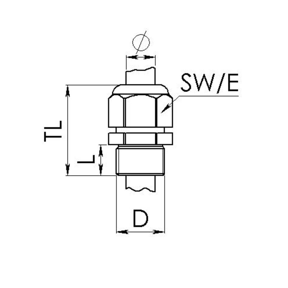 Technical drawing of a threaded fitting with marked dimensions: TL, L, D, SW/E. Used to represent sizes and proportions.