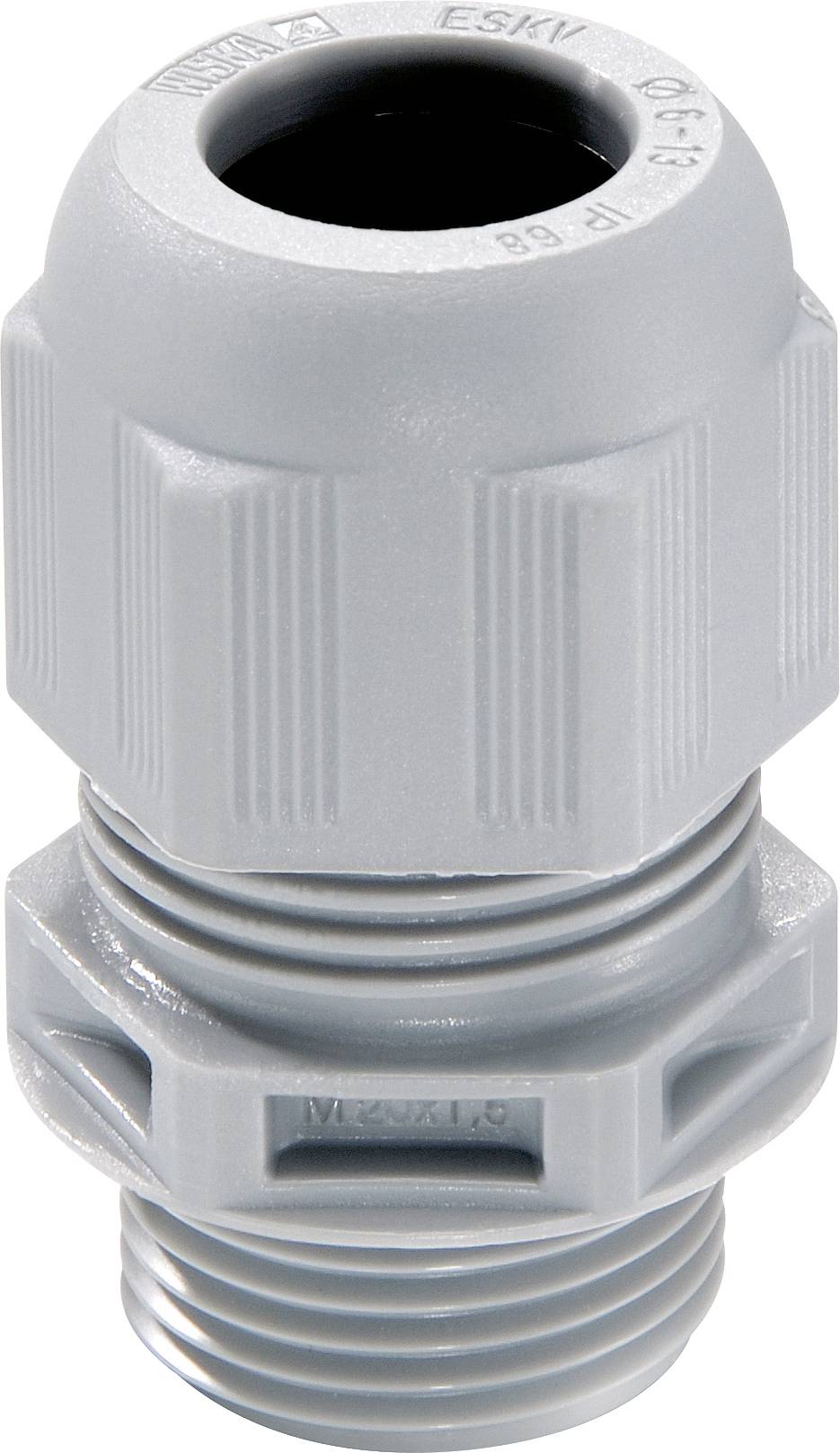 A grey plastic cable gland with threaded ring and coupling nut, suitable for cable installation.