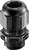 Black plastic cable gland with thread and seal, for secure fastening and sealing of cables.