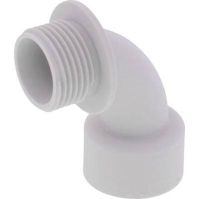 A white plastic angled pipe with external thread and smooth end piece, suitable for plumbing installations.