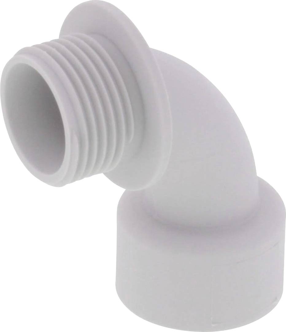 White plastic pipe connector with 90-degree angle. Threaded at the top, smooth end at the bottom for connection in sanitary systems.