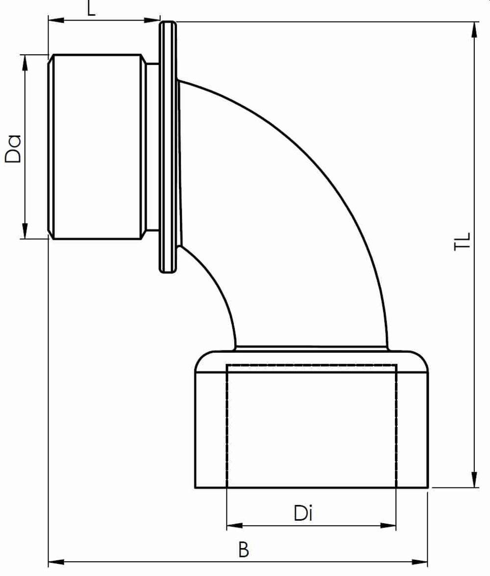 Technical drawing of a curved pipe with dimensions 'Da', 'Di', 'L', 'B', and 'TL'. Shows profile view for technical specifications.