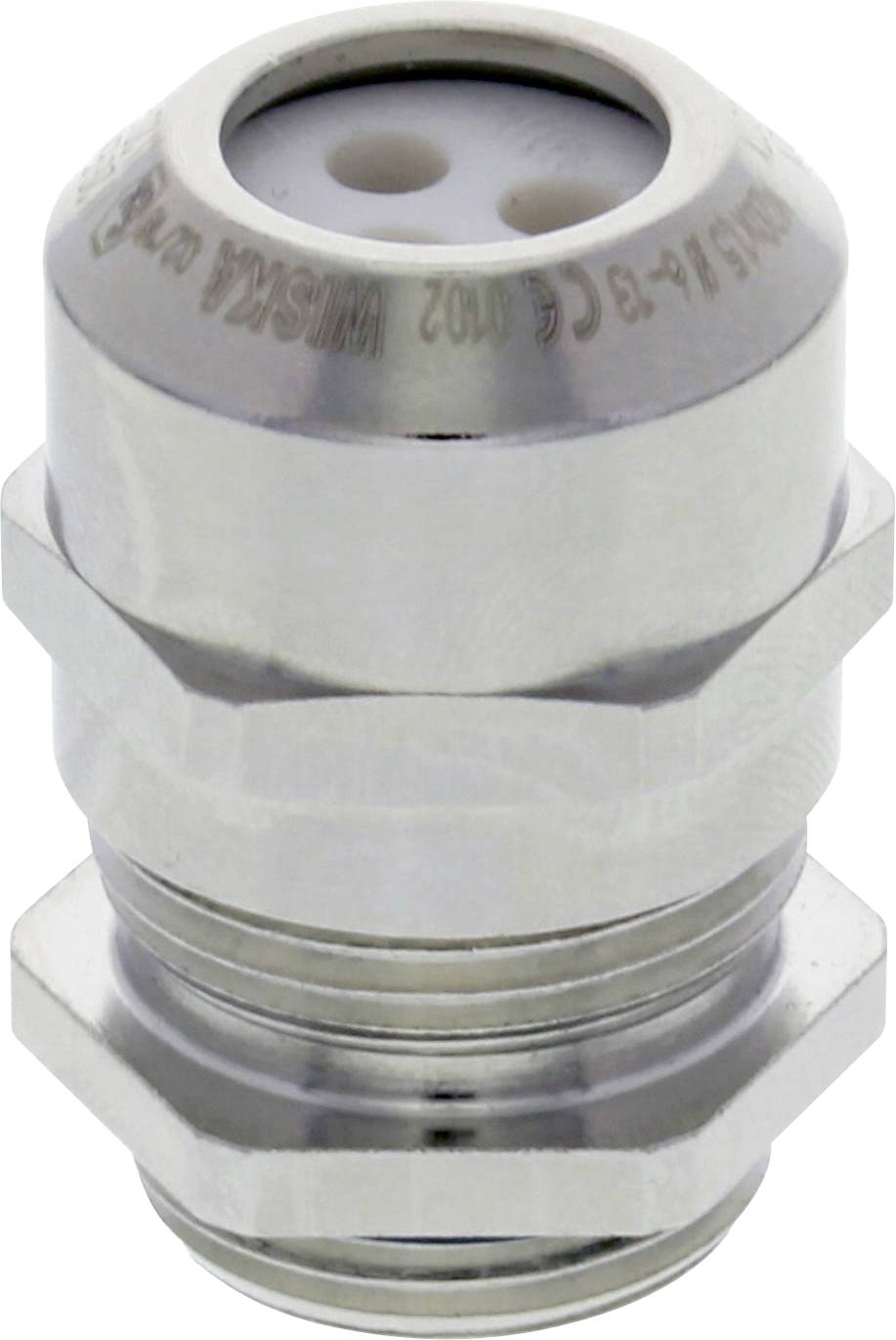 Metal cable gland in silver with ridged thread, high sealing capacity and two holes on top, suitable for cable protection applications.