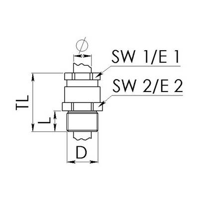 Technical drawing of a screw component with dimensions: Diameter (D), Length (L), and Total Length (TL). Markings SW 1/E 1 and SW 2/E 2.