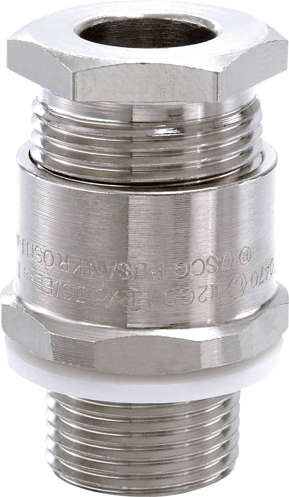 A silver metal coupling piece with threads on both ends. Used in piping systems for secure connection.
