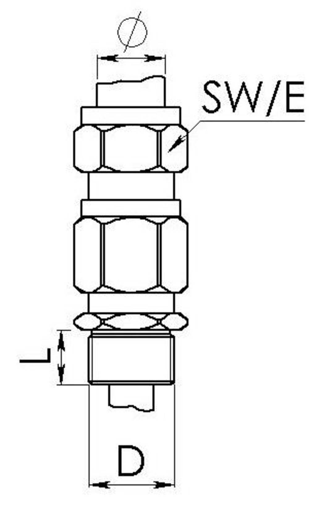 A technical drawing shows a cylindrical plug connector with thread and dimensions. Marking 'SW/E' for spanner width.