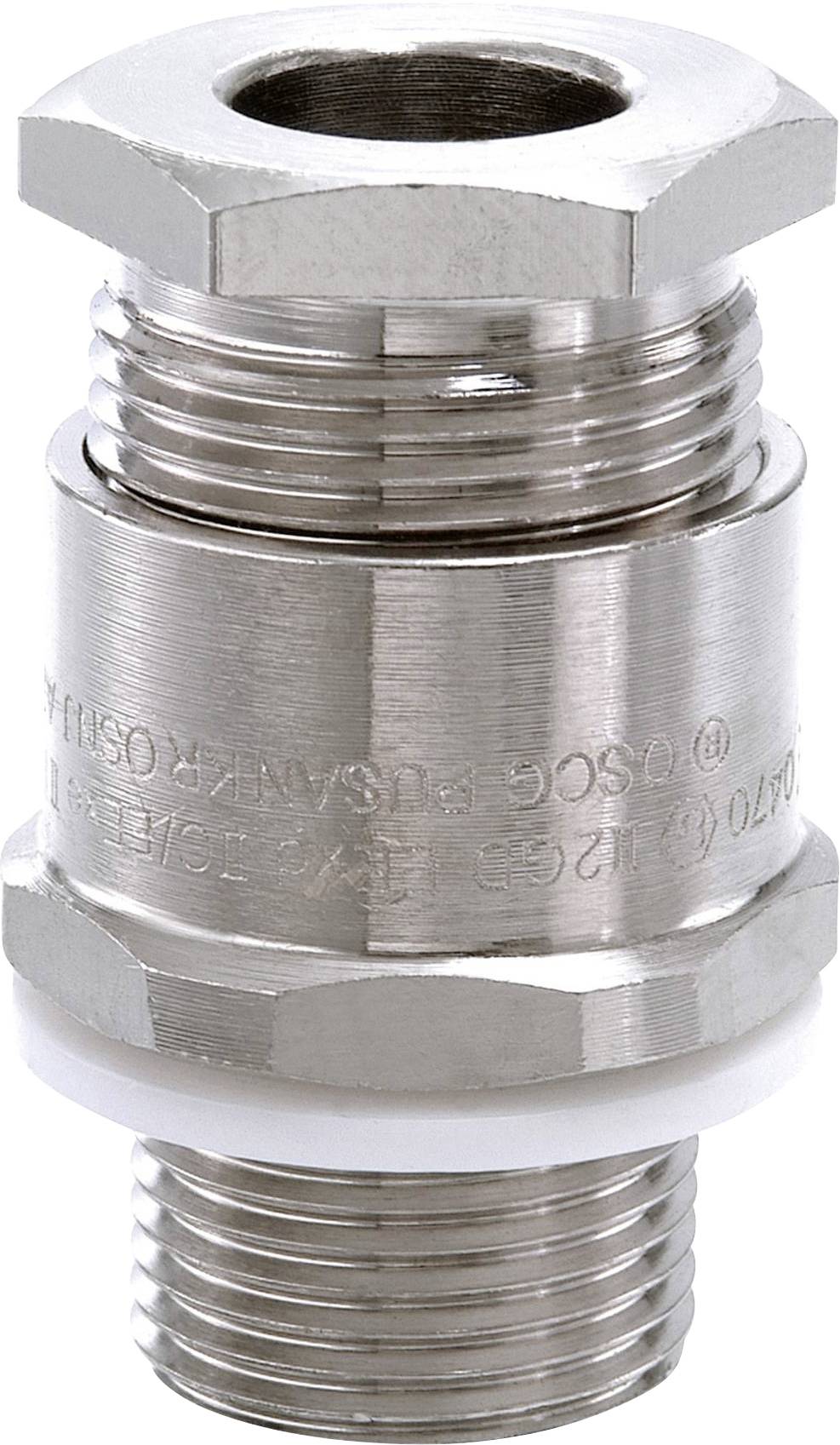 Metal coupling with threads on both sides; commonly used in plumbing installations. Silver-coloured surface, cylindrical shape.