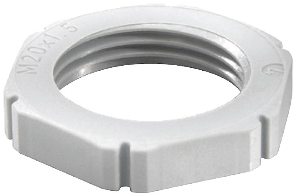 A grey, hexagonal plastic lock nut with the marking 'M20 x 1.5', used for securing connections.